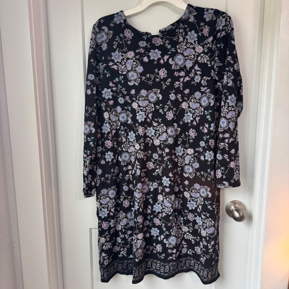 J. Jill Medium Floral Dress in Black, Purple & Blue – Cotton-Modal Garden Party